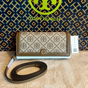 Tory Burch T Monogram Jacquard Wallet Crossbody Bag Hazelnut Gold Brown Tan